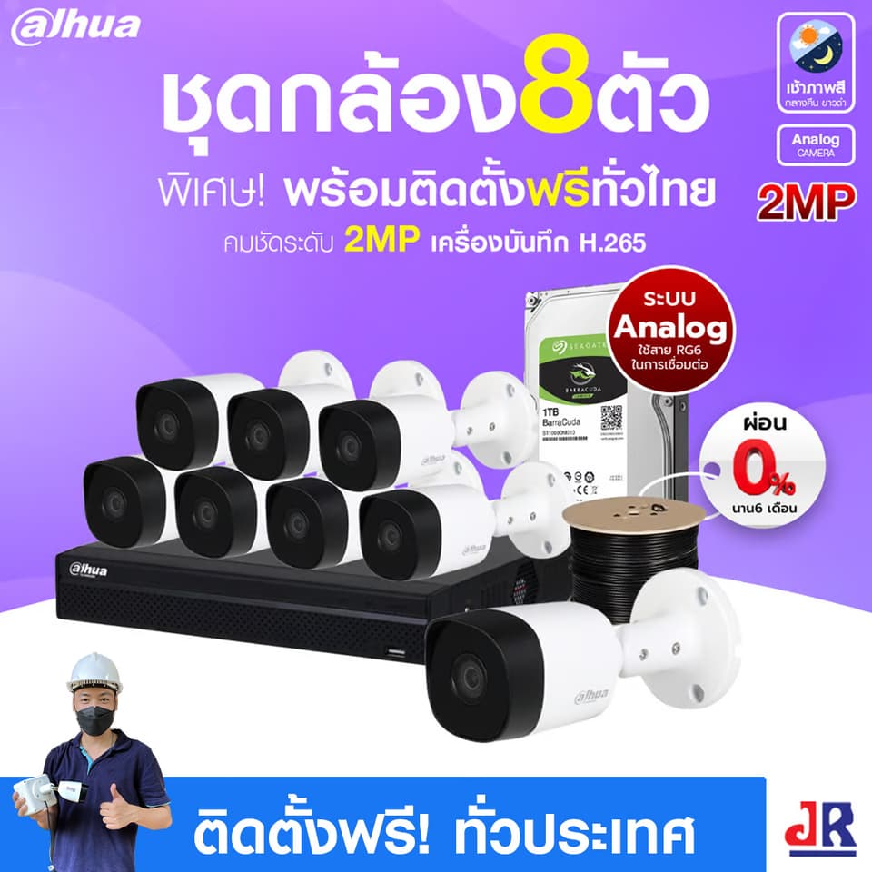 ชุดกล้องวงจรปิดพร้อมติดตั้ง Dahua ระบบ Analog จำนวน 8 ตัว ความคมชัด 2MP